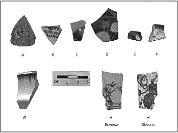 Ceramic shards recovered from one of the Kentland slave quarters plots. The pattern suggests that the people living in these quarters, probably house servants, received second-hand plates and other items from the manor house in antebellum times.