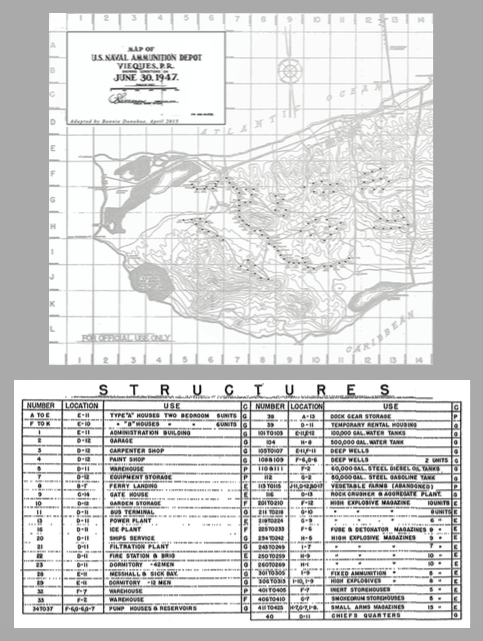 U.S. Naval Ammunition Depot, Vieques, P.R., highlighting 107 individual bunkers in 7228.11 acres.